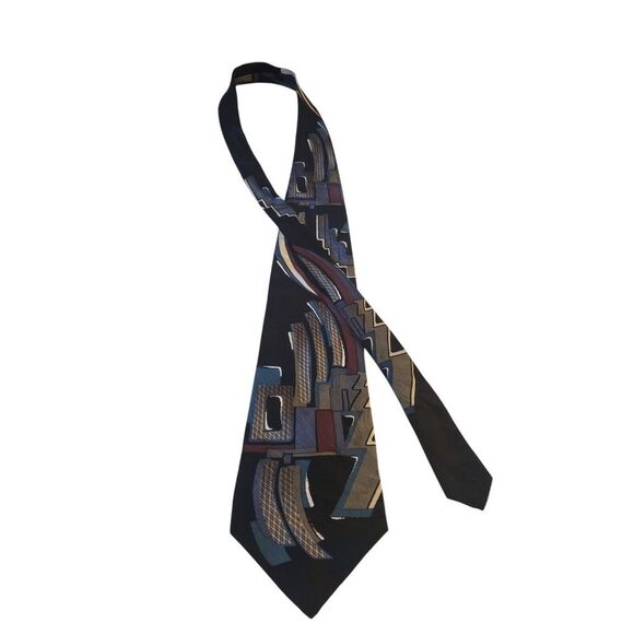 Chez Roffe New York Mens Tie Necktie Designer Luxury Black Teal Blue Abstract - Picture 3 of 12